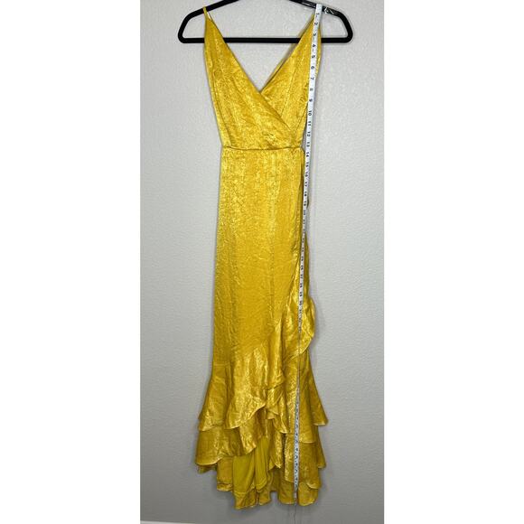 Lulus NWOT In Love Forever Mustard Yellow Satin Lace-Up High-Low Maxi Dress L - Picture 7 of 8